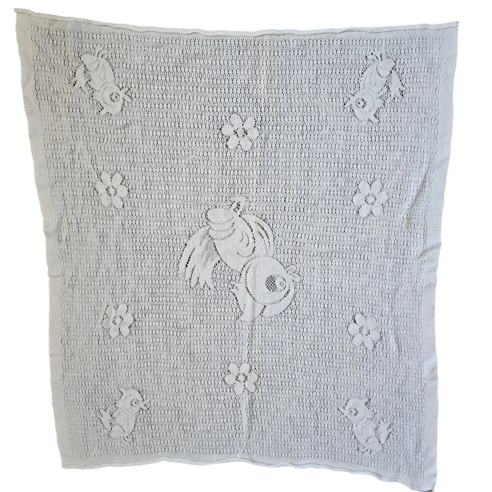 Vintage White Knit Baby Blanket Bird Flowers Open Knit‎ Yellow Bird 32 X 35